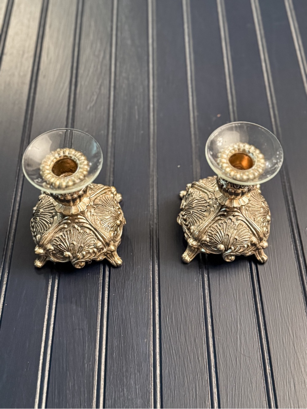 Vintage Japanese Silver-Tone Ornate Candlesticks with Glass Bobeches | Pair